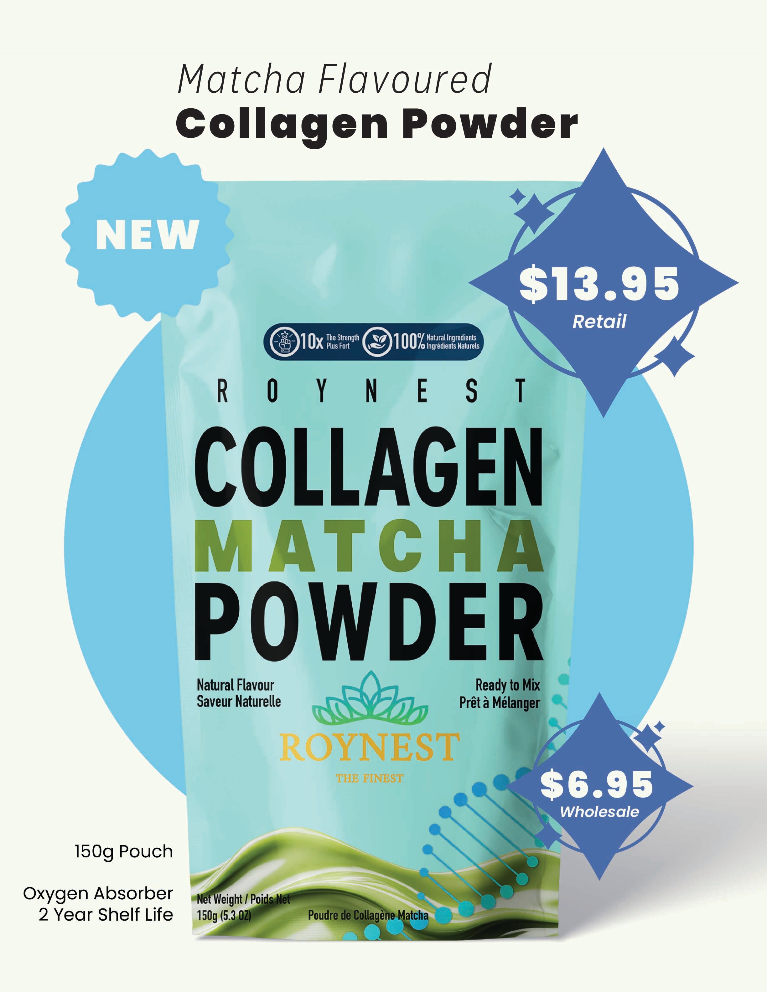 Advertisement for Roynest 150 g Collagen Matcha Powder. Composite with bovine collagen and matcha collagen with a sweet flavour for $13.95 Canadian.