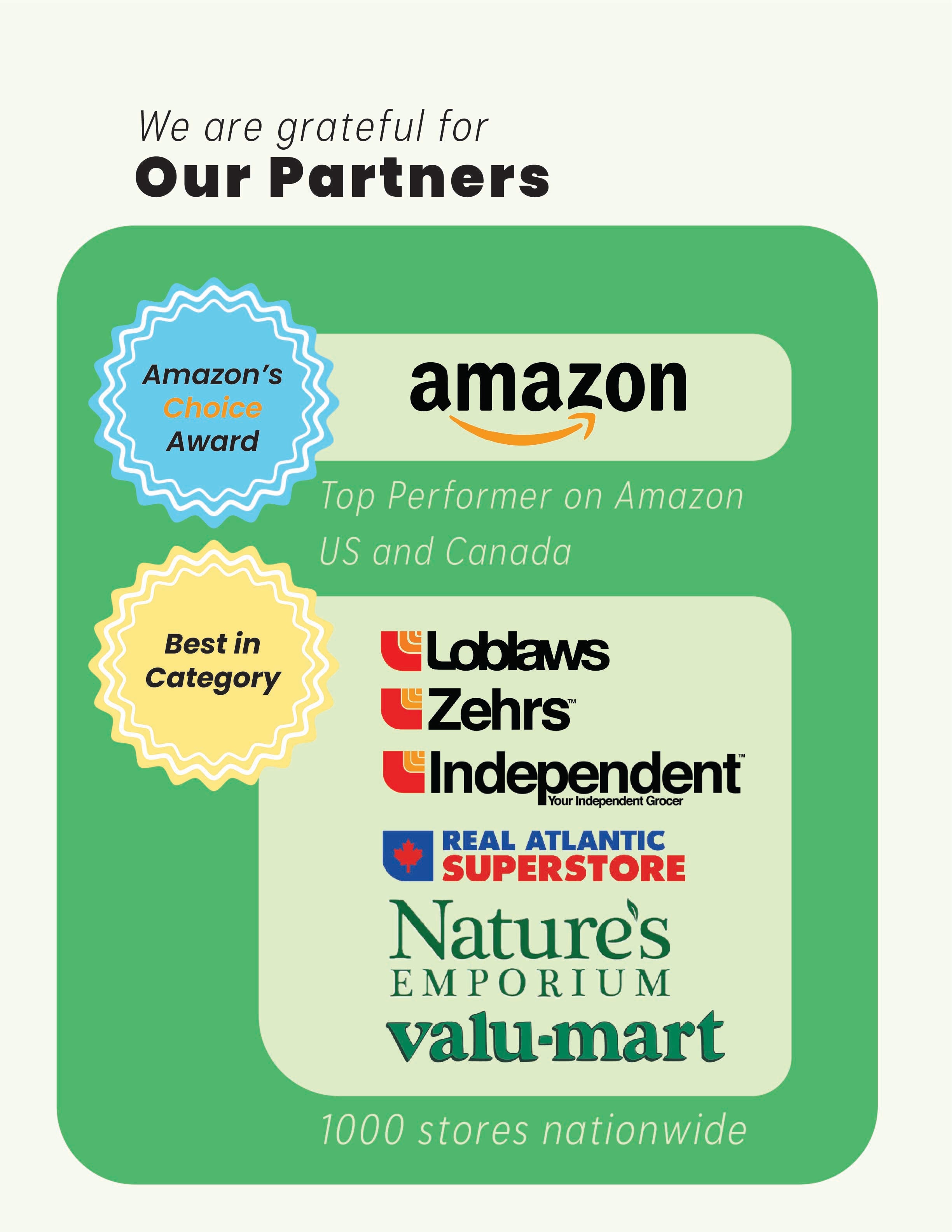 Recognition card for Amazon's Choice Award and top performer status on Amazon, featuring various store logos. Available in Canada, Toronto, Calgary, Vancouver, Prince Edward Island, Ontario, British Columbia, Alberta, United States.
