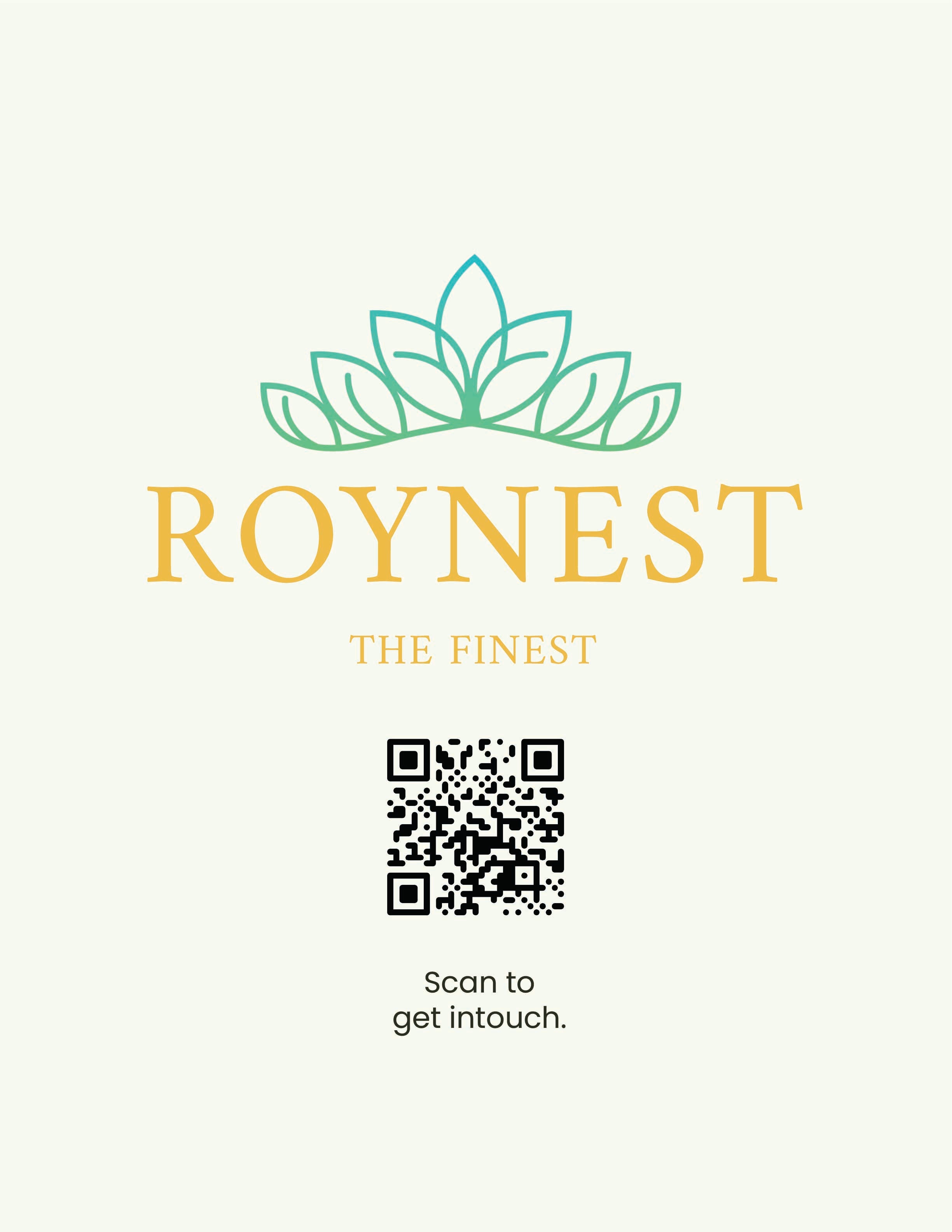 Roynest logo with a lotus design on a white background, featuring a QR code. Scan to get in touch with us today.