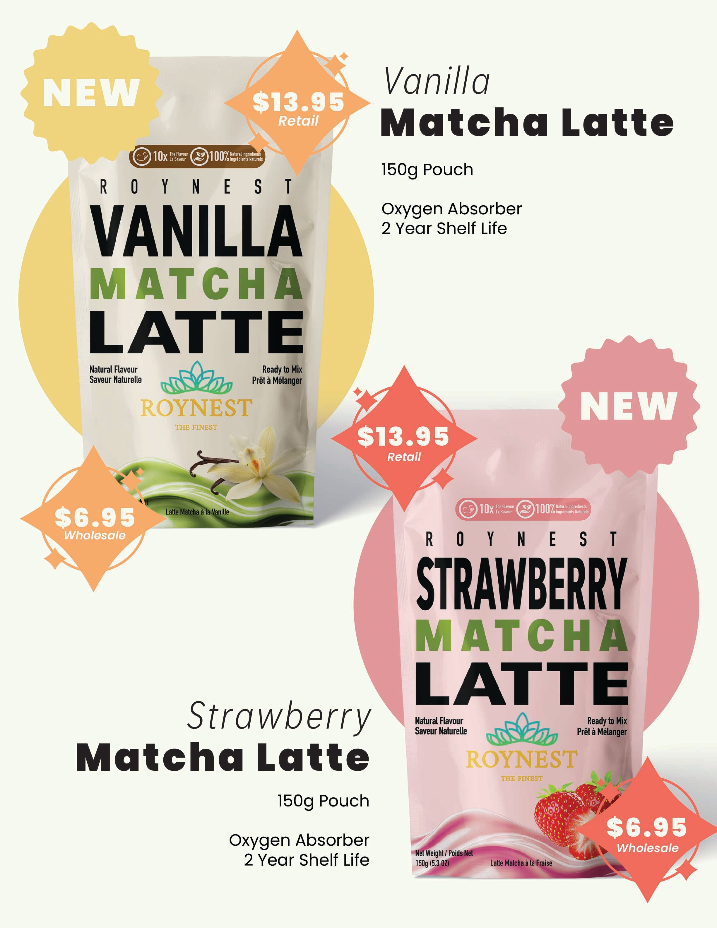Two packages of Roynest 150 g Vanilla Matcha Latte and 150 g Strawberry Matcha Latte on a white background with promotional text. Available for $13.95 Canadian. Available in Canada, Toronto, Calgary, Vancouver, Prince Edward Island, Ontario, British Columbia, Alberta.